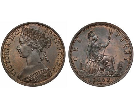 Victoria (1837-1901), pattern bronze Penny, 1862, toothed borders, bust in bodice facing left with coronet on head and ribbon