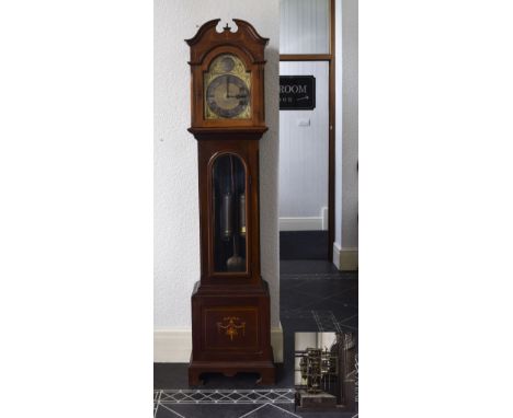 Edwardian Mahogany Longcase Clock, String Inlay To Case, Brass Face With Chapter Dial And Roman Numerals Marked Tempus Fugit,