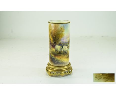 Royal Worcester Very Fine Hand Painted Vase, Signed Harry Davies - Black Headed Sheep on a Bank by a River, In a Country Sett