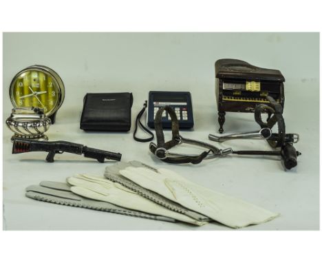 Mixed Lot Of Collectables Comprising A Musical Box In The Form Of a Piano, Kid Gloves, Chinese "Hero" Alarm Clock, Japanese C