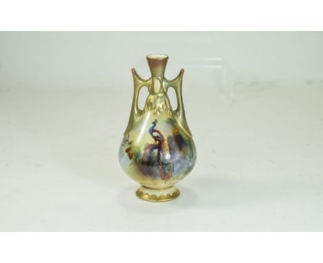 Royal Worcester Hand Painted Twin Handle Vase ' Peacock In a Woodland Setting ' Signed Bray, Date 1913. Height 5 Inches. 