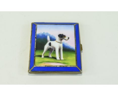 A Good Quality Enamel and Metal Cigarette Case, From The 1930's. Features a Dog Portrait. 3.5 Inches High, 2.75 Inches Wide. 