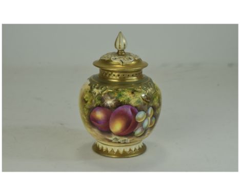 Royal Worcester Hand Painted and Signed Lidded Pot / Vase ' Fallen Fruits ' Stillife - Peaches and Grapes. Signed Townsend. D