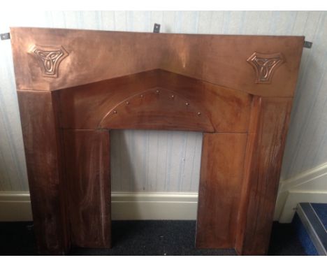 Arts And Crafts Possibly Liberty Copper Fire Surround, Of Plain Form With Two Embossed Celtic Knots And Riveted Hood, Height 