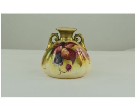 Royal Worcester Squat 'Blackberries and Blossom' Vase, hand painted and signed by Kitty Blake, the decoration set on a Hadley