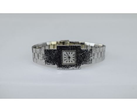 Ladies 9ct White Gold Bueche Girod Wristwatch, Square Dial With Baton Numerals,  Textured Bezel And Integral 9ct Gold Bracele