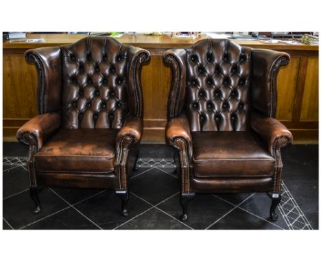 Pair Of Matching Brown Leather Chesterfield Wingback Arm Chairs, Button Backs, Cushion Seats, Short Cabriole Legs