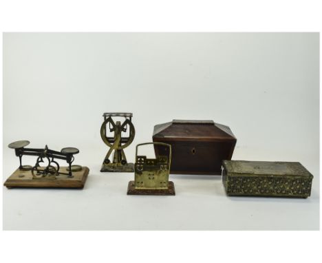 Mixed Lot Of Collectables, Comprising Two Sets Of Postal Scales, Brass Hinged Bridge Box, Brass & Oak Letter Rack & A 19thC M