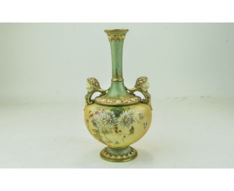 Royal Worcester Hand Painted Twin Handle ' Thistles ' Decorated Vase with Cherubs Mask Head Handles. Date 1896. Stands 8.75 I