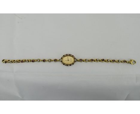 Ladies 18ct Gold Bueche Girod Wristwatch, Oval Shaped Gilt Dial, The Bezel And Chain Link Bracelet Both Set With Alternating 