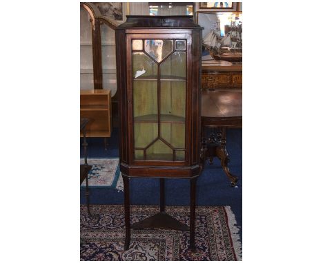 Edwardian Inlaid Mahogany Corner Cupboard, Astral Glazed Front With Two Shelves, Raised On Square Legs With Shelf. Height 60 