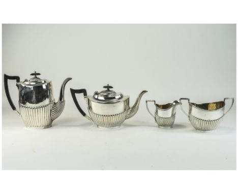 Edwardian Silver Plated 4 Piece Tea and Coffee Service, with Fluted Half Bodies and Swan Shaped Spouts with Ebony Handles. He