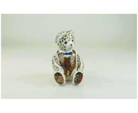 Royal Crown Derby Paperweight ' Teddy Bear ' Blue Bow tie, Gold Stopper. Date 2001. 5 Inches High. 1st Quality / Excellent Co