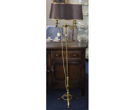 Mid 20thC Brass Twin Branch Standard Lamp With Shade, Height 61 Inches