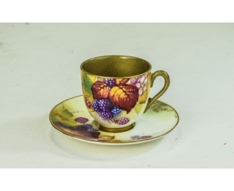 Royal Worcester Hand Painted and Signed Miniature Cup and Saucer ' Fallen Fruits ' - Stillife. Signed Kitty Blake to Saucer a