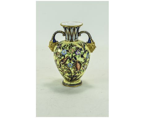 Royal Crown Derby Twin Mask Handle Vase ' Flowers and Birds ' Decoration on Yellow Ground. Marks for 1878 - 1890. Height 6.25