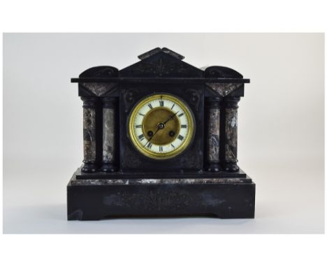 Black Slate Architectural Mantel Clock, Cream Chapter Dial With Roman Numerals, Between Coloured Marble Pillars.