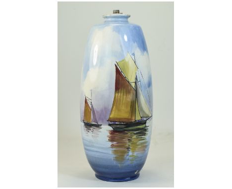 Minton, Tall And Impressive Early 20th Century Signed Vase/Lamp Base 'Sailing Ships' Signed Dean 12.5"Tall 