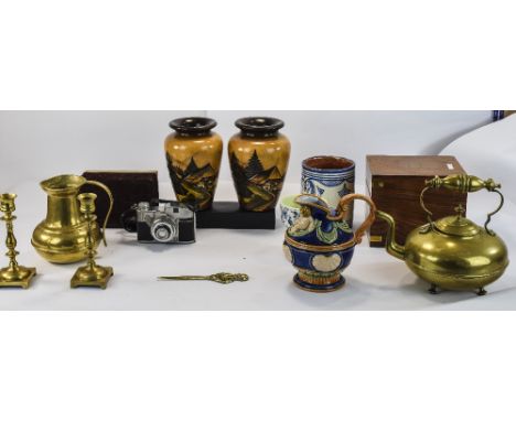 Mixed Lot Of Collectables Comprising Brass Kettle, Jug, Candlestick, Koroll Camera, Wooden Hinged Box, Pottery Jugs, Majolica