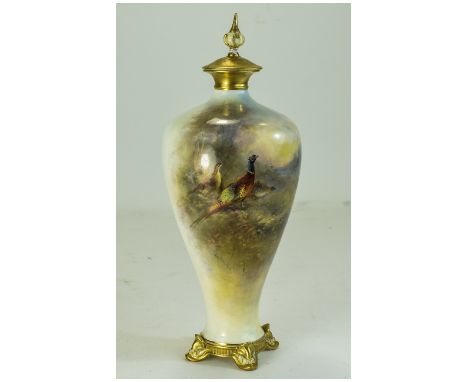 Royal Worcester Hand Painted Lidded Vase, Pheasant and Pea Hens In a Woodland Setting. Signed James Stinton. Date 1937, Heigh