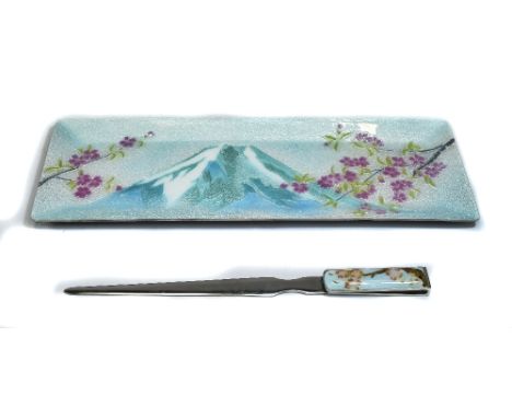 Japanese Very Fine Cloisonne And Enamel On White Metal Tray And Paper Knife, Maker Ando Cloisonne Co., Boxed, Tray 9.25" Diam