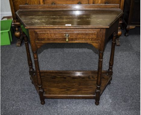 Mid To Late 20thC Oak Side Table, Single Drawer, Turned Supports With Shelf To Base. Height 34 Inches, 36 x 15 Inches Deep