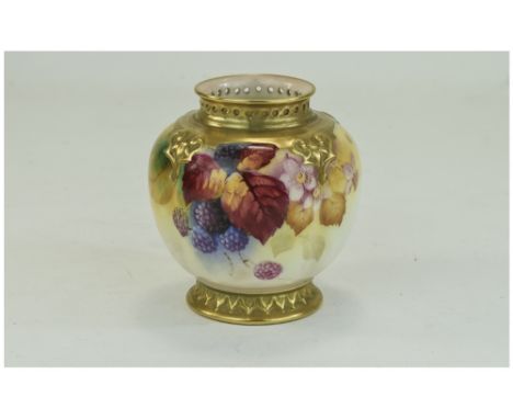 Royal Worcester Hand Painted and Signed Small Globular Shaped Vase ' Fallen Fruits ' Stillife - Berries and Leaf's, Signed Ki