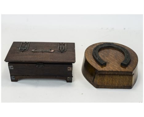 Early 20thC Horse Shoe Shaped Cribbage Box, Made In Oak With Brass Mount, Push Button Spring Drawer Opens To Reveal Pegs And 