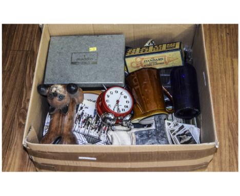 Misc Box Of Oddments & Collectables, Alarm Clock, Figures, Glass, Pottery, Ornaments etc