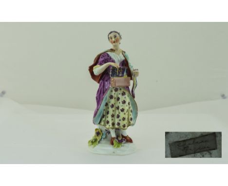 Chelsea 18th / 19th Century Hand Painted Figure ' A Woman Ribbon Seller with Box of Ribbons. Fine Quality, Chip to Ladies Clo