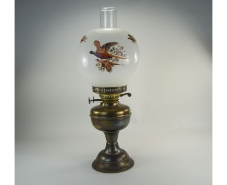 Early To Mid 20thC Brass Oil Lamp With Milk Glass Shade And Game Bird Decoration, Height 19 Inches