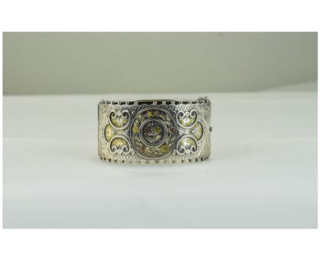Victorian - Nice Quality Silver Hinged Bangle with Floral Rose and Yellow Gold Overlay and Turret Border Edges with Safety Ch