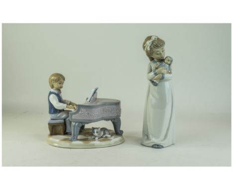 Nao by Lladro Figure - Little Girl In Nightdress with Doll. Stands 9.75 Inches Tall + a Similar Figure - Boy Playing the Pian