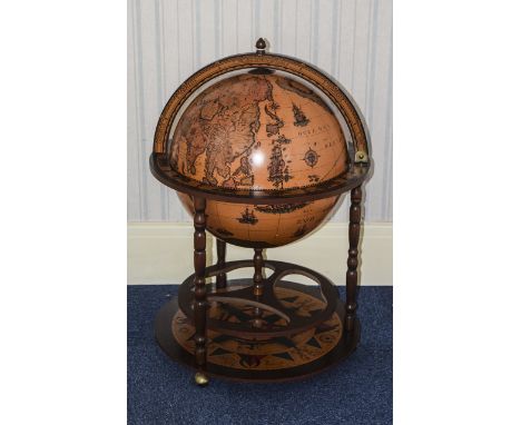 Italian Globe Cocktail/Drinks Cabinet, Hinged Top With Fitted Interior, Stretcher Shelf Raised On Castors. Height 35 Inches