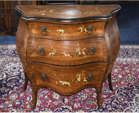 19thC Italian Inlaid Rosewood Commode Serpentine Bombe Shaped, Three Shaped Drawers, The Top And Front With Inlaid Hunting Sc