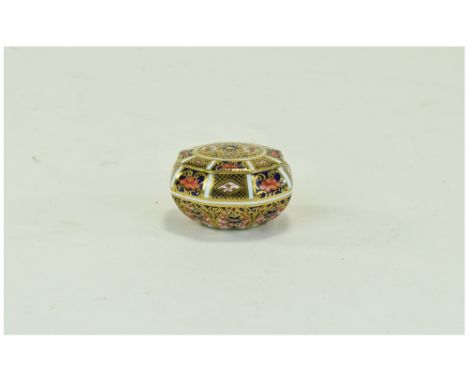 Royal Crown Derby - Miniature Imari Patterned Octagonal Shaped Pill Box. Date 1917. 2 Inches Wide. Excellent Condition. 