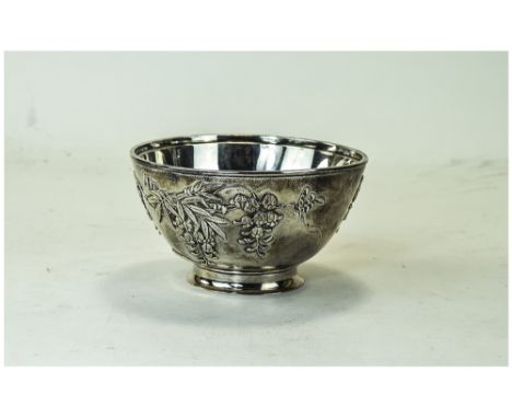 Chinese Export Silver Bowl, Raised Floral Decoration, Character Marks To Base. Height 3 Inches, 5½ Inches Diameter. Some Dama
