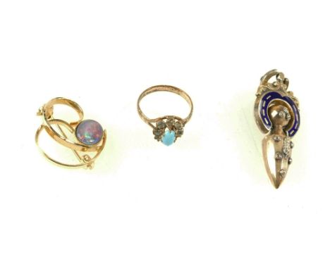 Victorian gold/enamelled drop pendant, opal brooch and ring (all unmarked) (3)