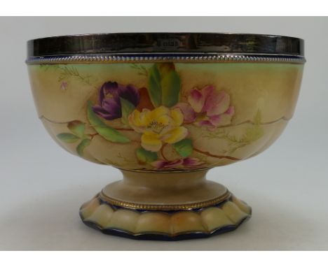 Carltonware large footed punch bowl decorated with flowers, hallmarked silver rim, diameter 25cm