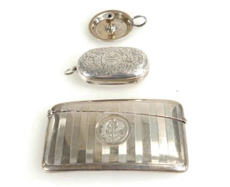 3 Silver items - double sovereign case Birmingham 1907, Card Case B'ham 1911 and miniature chamber stick B'ham 1892.  84.7g t