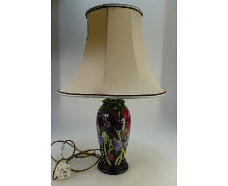 Moorcroft lamp and shade decorated in the late Anemone design with original factory shade, height of pottery 30cm  (marked fa