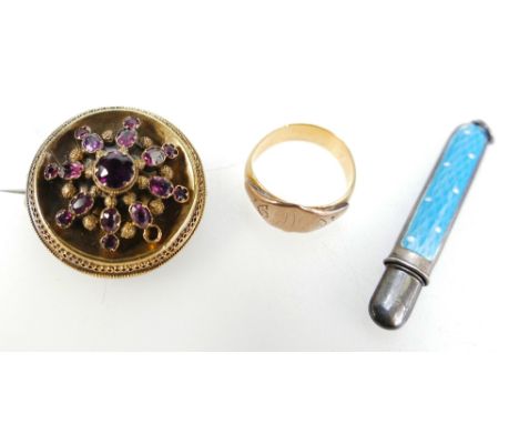 Sterling silver and enamel pencil, 9ct and 22ct mixed gold ring, 5.6g, and yellow metal brooch, missing stone.