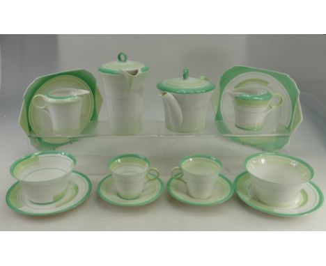 Shelley part teaset in the Green bands design comprising Teapot, coffee pot, cups and saucers, plates etc (37)
