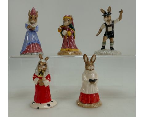 A collection of Royal Doulton Bunnykins Figures to include Judge  DB188, Choir Singer DB223, Sundial DB213, Fortune Teller DB