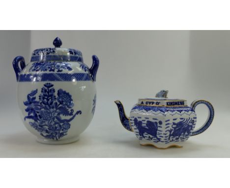 English early 20th century blue & white teapot decorated with Dragons "A Cup of Kindness" and a large Copeland Spode two hand