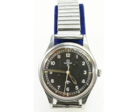 Vintage Omega 1953 stainless steel military pilots watch, marked to reverse with broad arrow & 6645101000, 6B/542 6576/53 wit