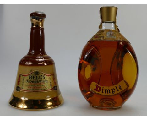 Dimple, De Luxe scotch whisky by John Haig & Co Ltd. and Bells old scotch specially selected whisky in Wade pottery bell, bot