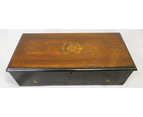 19th century Swiss musical box playing eight tunes in inlaid rosewood case, label inside Fabrique de Geneve listing all 8 tun
