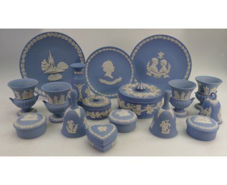 A good collection of Wedgwood jasperware items to include teapot, cups, saucers, trinket boxes, platters, urns etc (40 pieces