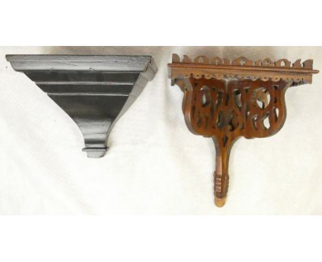 Antique pierced mahogany wall bracket and a similar pitch pine example  (2)